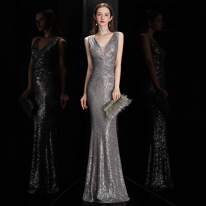 Elegant V Neck Sequin Evening Dress Long Mermaid Formal Dress