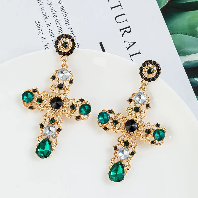 Vintage Black Pink Crystal Cross Drop Earrings for Women