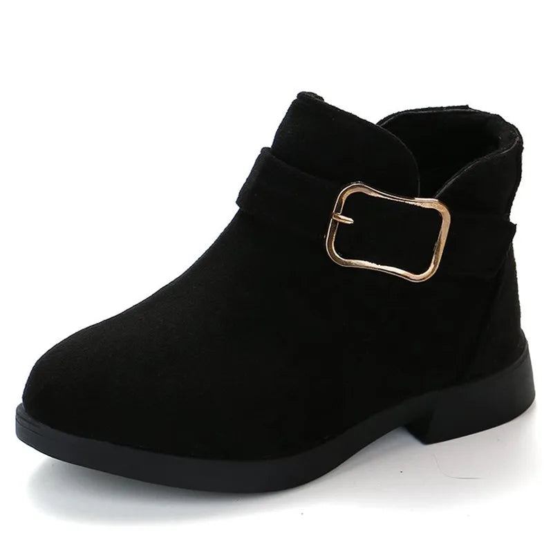 2022 Winter Girls Winter Boots Classic Buckle Kids Ankle Boots Children Tide Boots Flock With Rubber Sole Short Soft Fashion