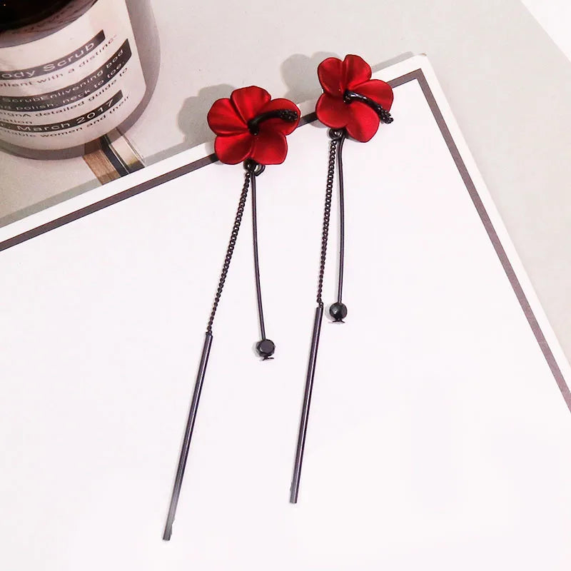Classic Wine Red Flowers Tassel Earrings For Women