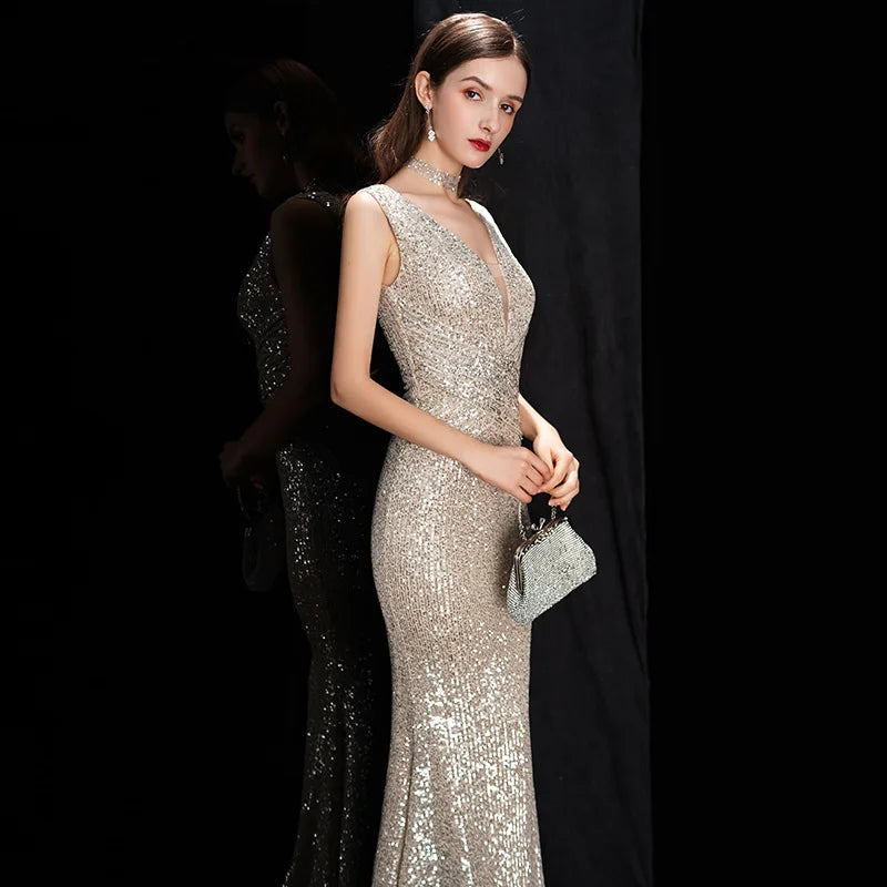 Elegant V Neck Sequin Evening Dress Long Mermaid Formal Dress