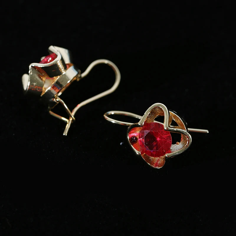 Vintage Gold Color Red Crystal Zircon Ear Earrings For Women