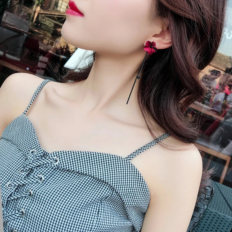 Classic Wine Red Flowers Tassel Earrings For Women