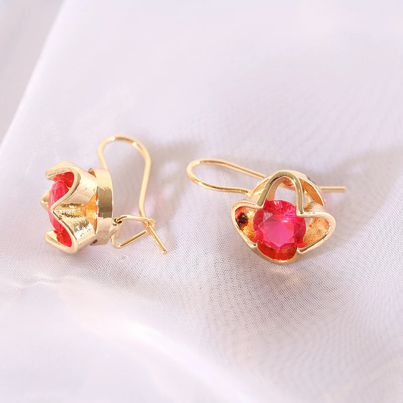 Vintage Gold Color Red Crystal Zircon Ear Earrings For Women