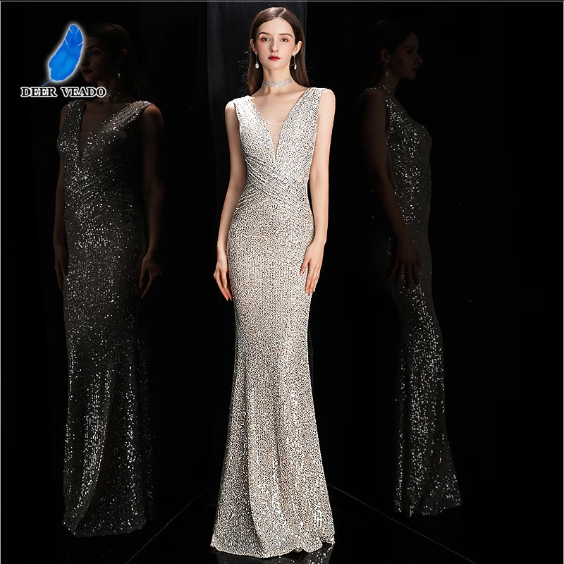 Elegant V Neck Sequin Evening Dress Long Mermaid Formal Dress