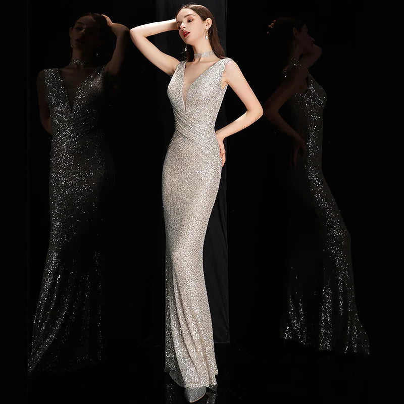 Elegant V Neck Sequin Evening Dress Long Mermaid Formal Dress