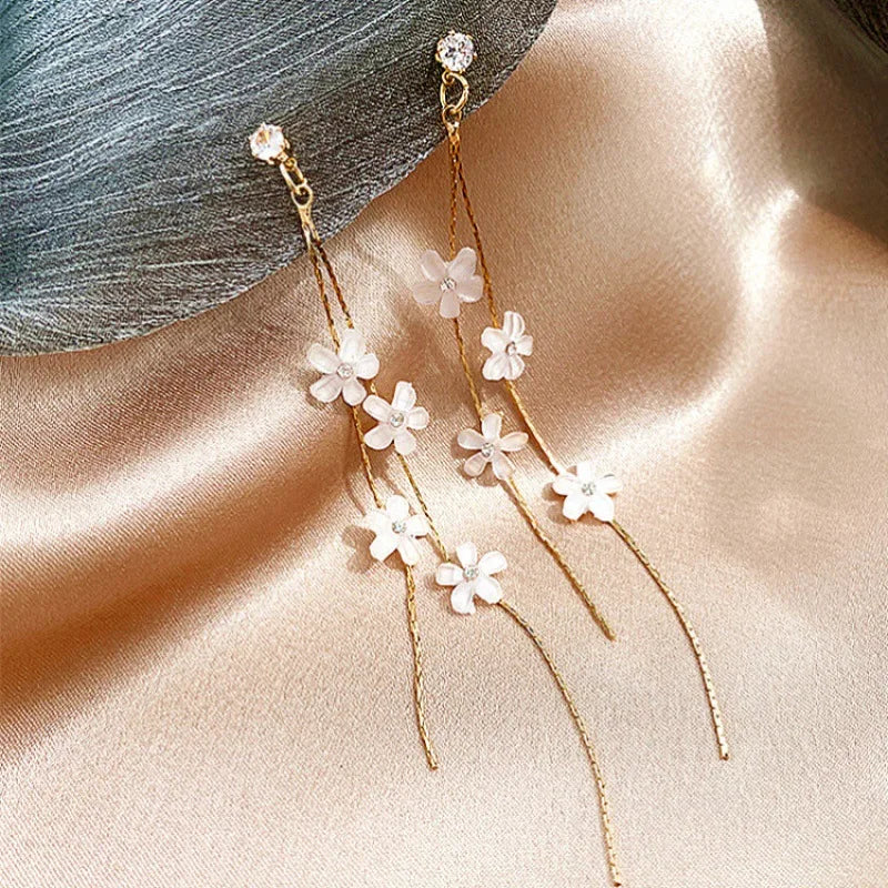 Women Resin Flower Rhinestone Tassel Long Earrings