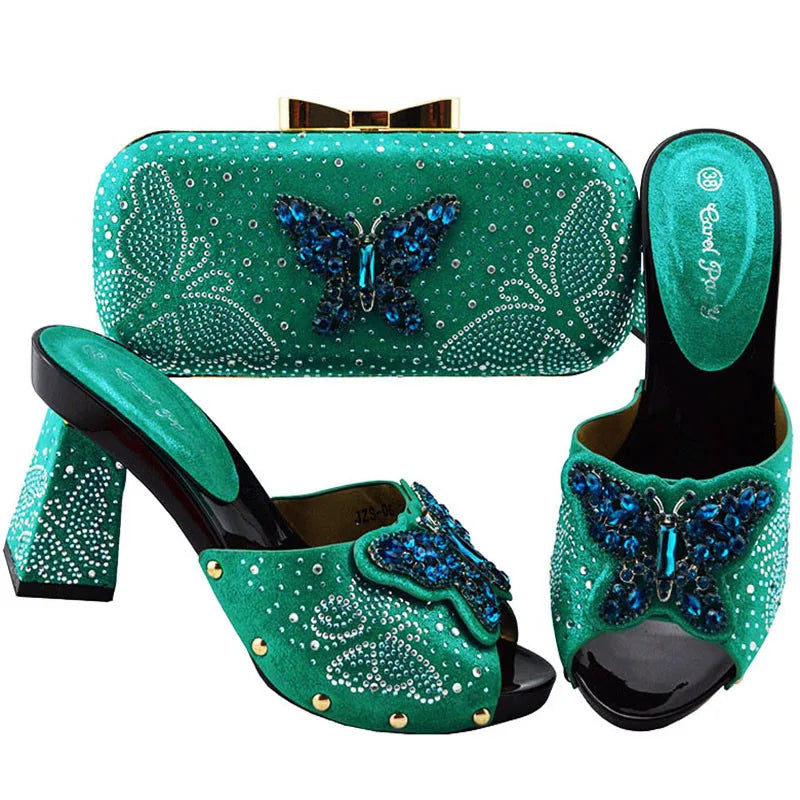 Ladies Shoe with Match Bag High Quality Women Heel Teal Color for Party