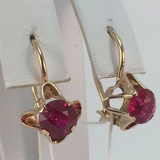 Vintage Gold Color Red Crystal Zircon Ear Earrings For Women