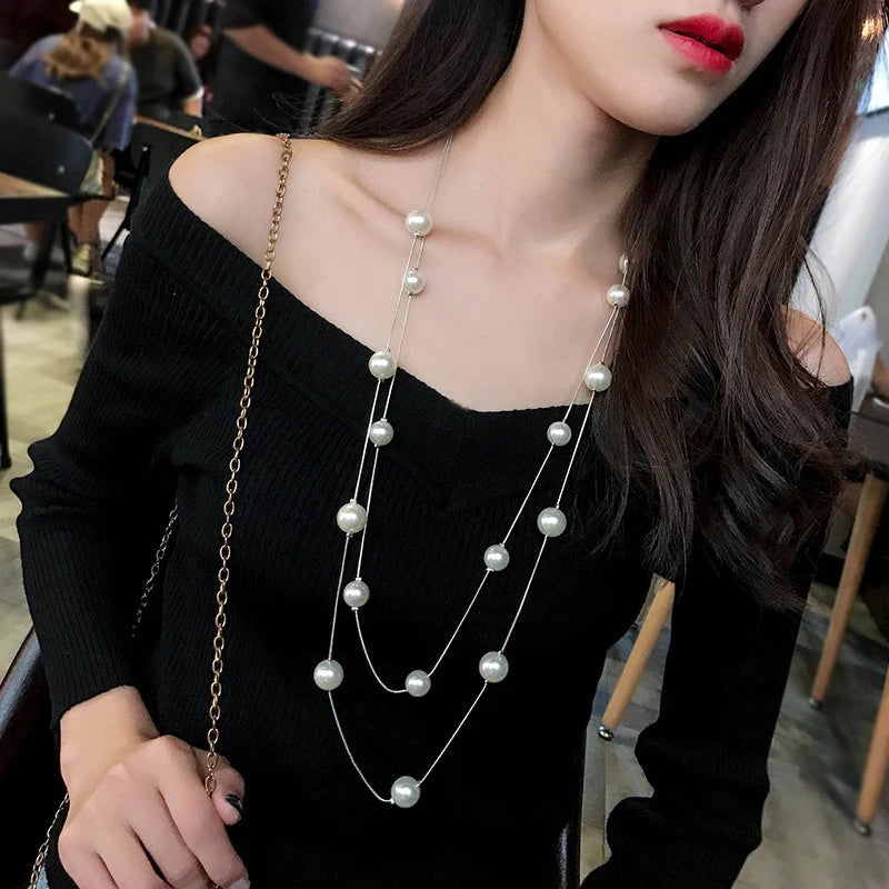 Long Double Layer Simulated Pearl Necklace For Women