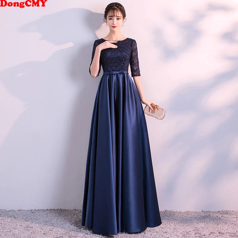 LONG FORMAL EVENING DRESSES ELEGANT LACE SATIN NAVY BLUE VESTIDOS