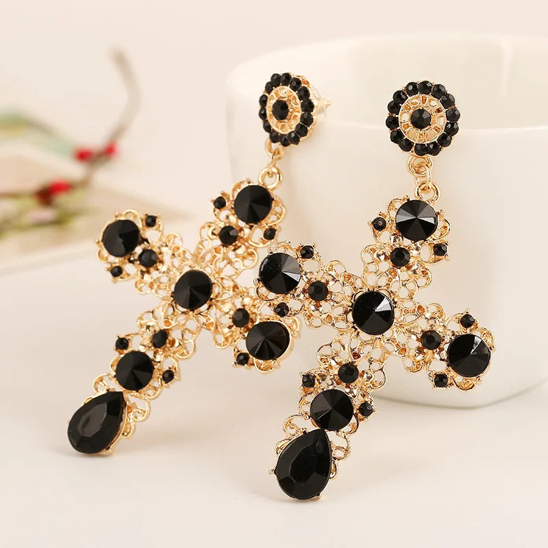Vintage Black Pink Crystal Cross Drop Earrings for Women