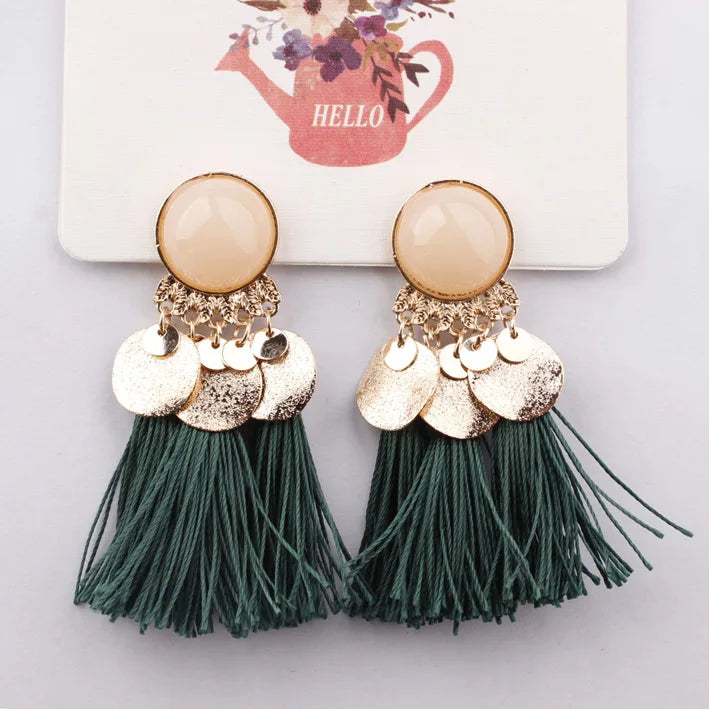 Ethnic Sector Bohemia Black Red Rope Fringe Tassel Earrings