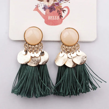 Ethnic Sector Bohemia Black Red Rope Fringe Tassel Earrings