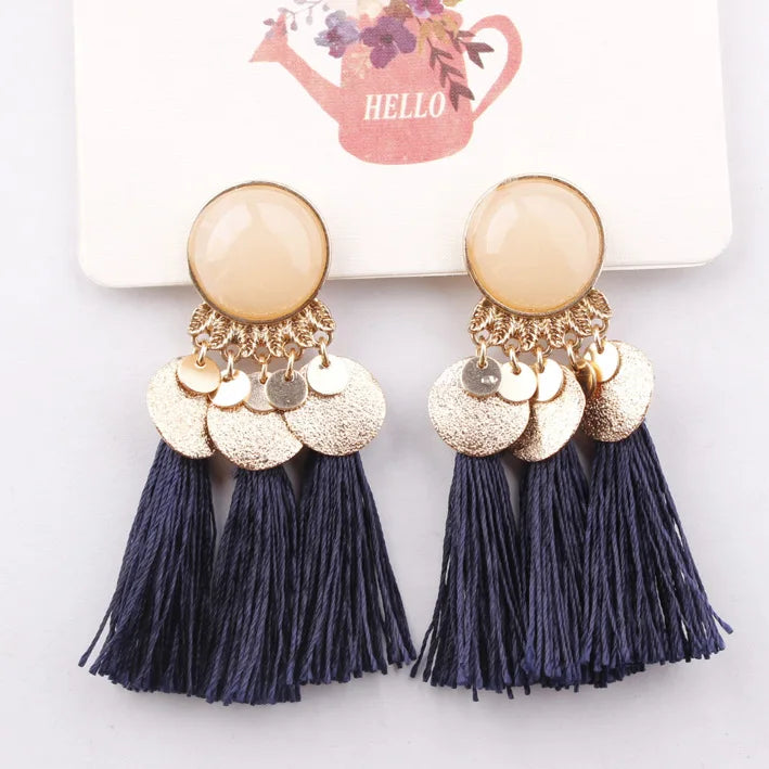 Ethnic Sector Bohemia Black Red Rope Fringe Tassel Earrings