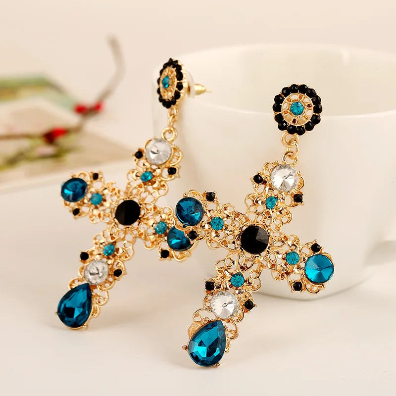 Vintage Black Pink Crystal Cross Drop Earrings for Women