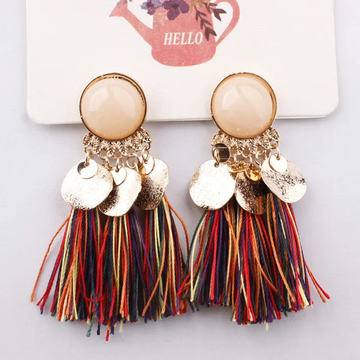 Ethnic Sector Bohemia Black Red Rope Fringe Tassel Earrings