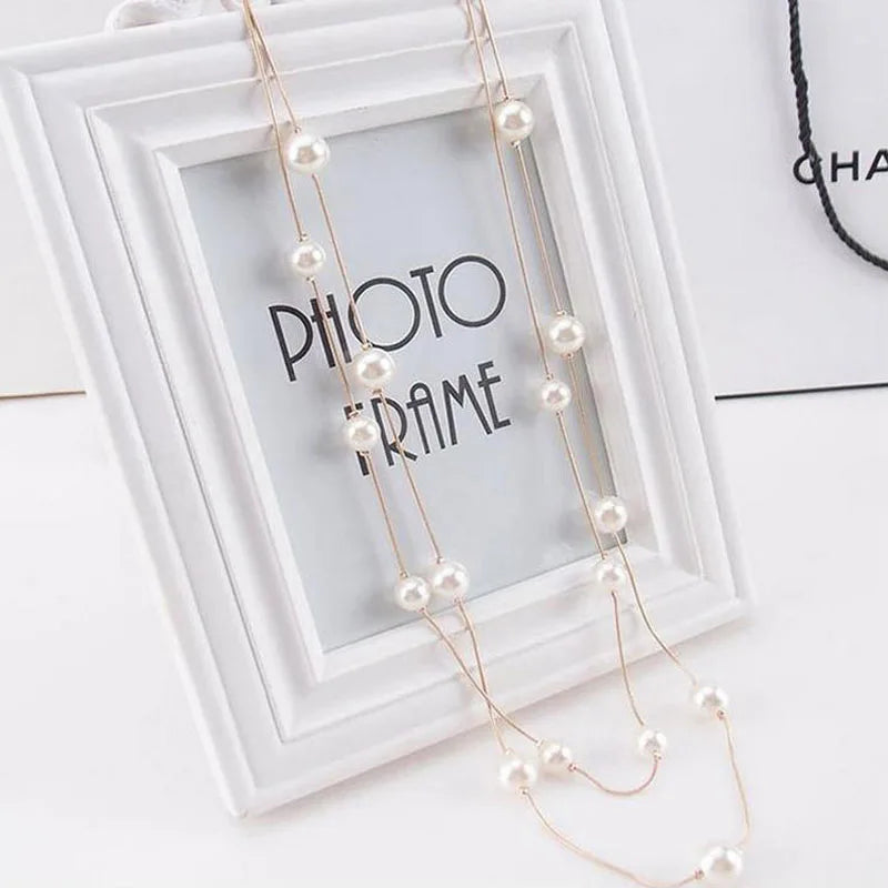 Long Double Layer Simulated Pearl Necklace For Women