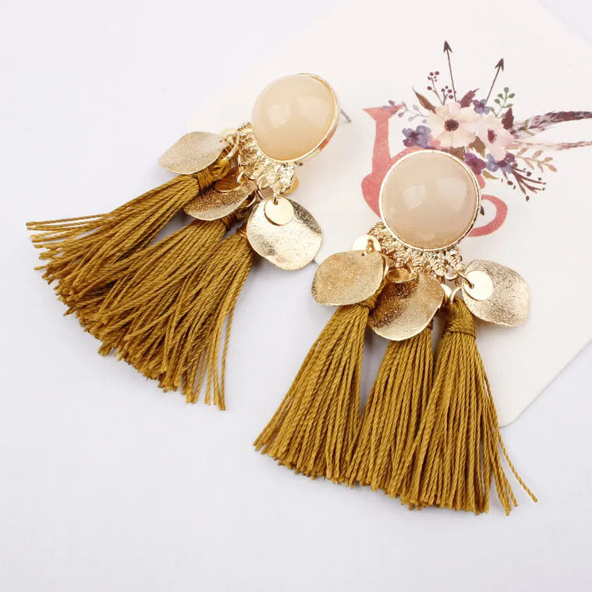 Ethnic Sector Bohemia Black Red Rope Fringe Tassel Earrings