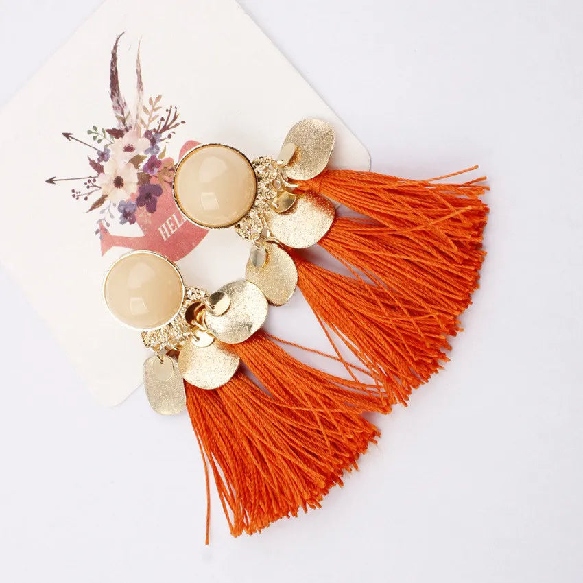 Ethnic Sector Bohemia Black Red Rope Fringe Tassel Earrings