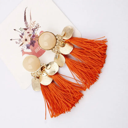 Ethnic Sector Bohemia Black Red Rope Fringe Tassel Earrings