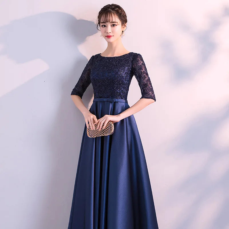 LONG FORMAL EVENING DRESSES ELEGANT LACE SATIN NAVY BLUE VESTIDOS