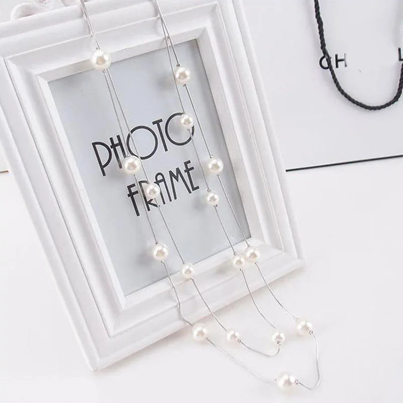 Long Double Layer Simulated Pearl Necklace For Women