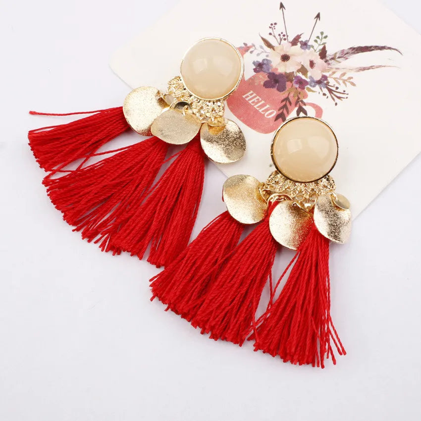 Ethnic Sector Bohemia Black Red Rope Fringe Tassel Earrings