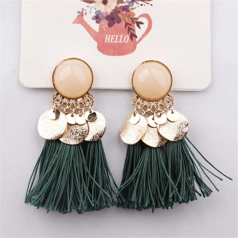 Ethnic Sector Bohemia Black Red Rope Fringe Tassel Earrings