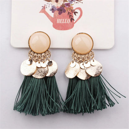 Ethnic Sector Bohemia Black Red Rope Fringe Tassel Earrings