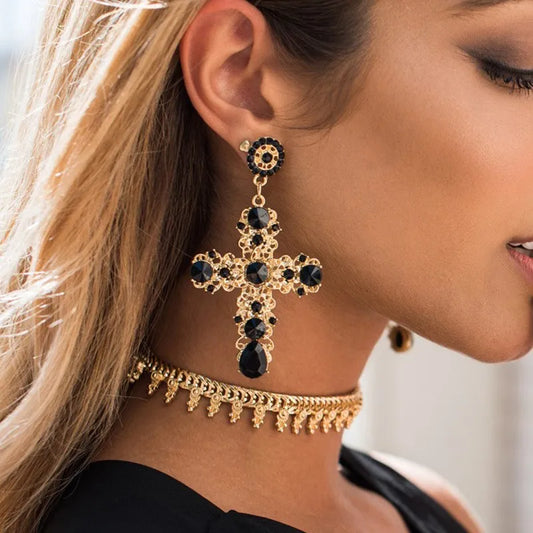 Vintage Black Pink Crystal Cross Drop Earrings for Women