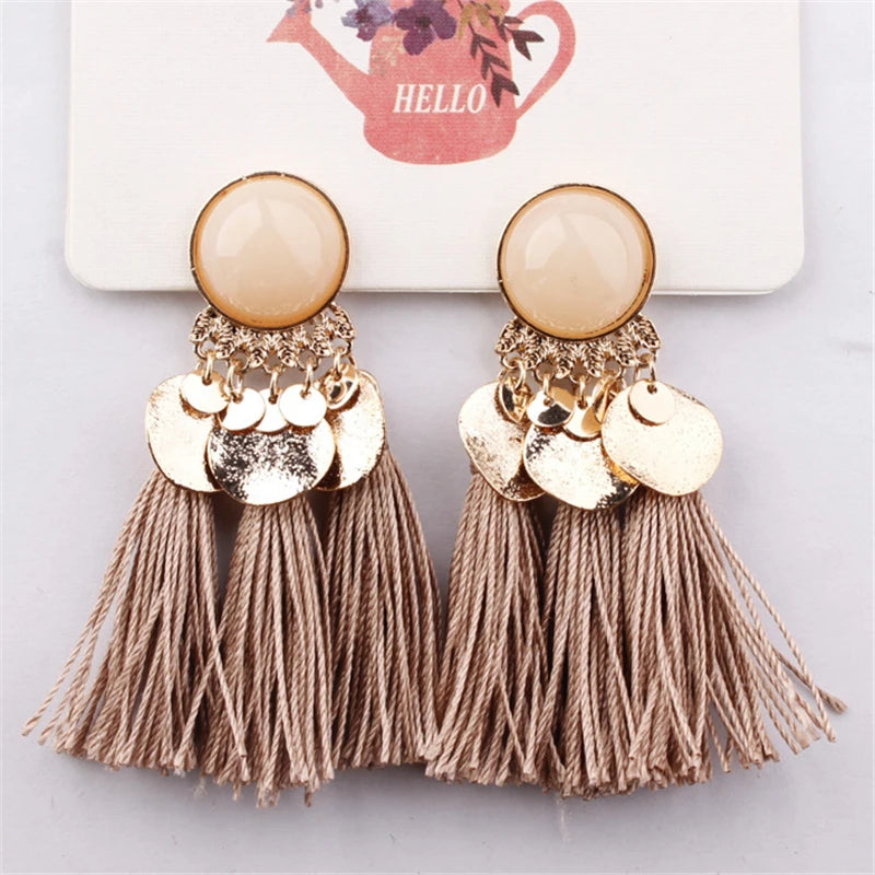 Ethnic Sector Bohemia Black Red Rope Fringe Tassel Earrings