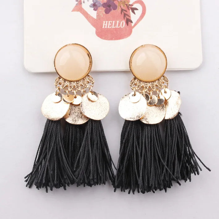 Ethnic Sector Bohemia Black Red Rope Fringe Tassel Earrings