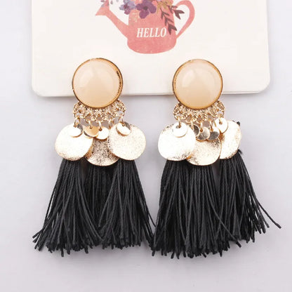 Ethnic Sector Bohemia Black Red Rope Fringe Tassel Earrings