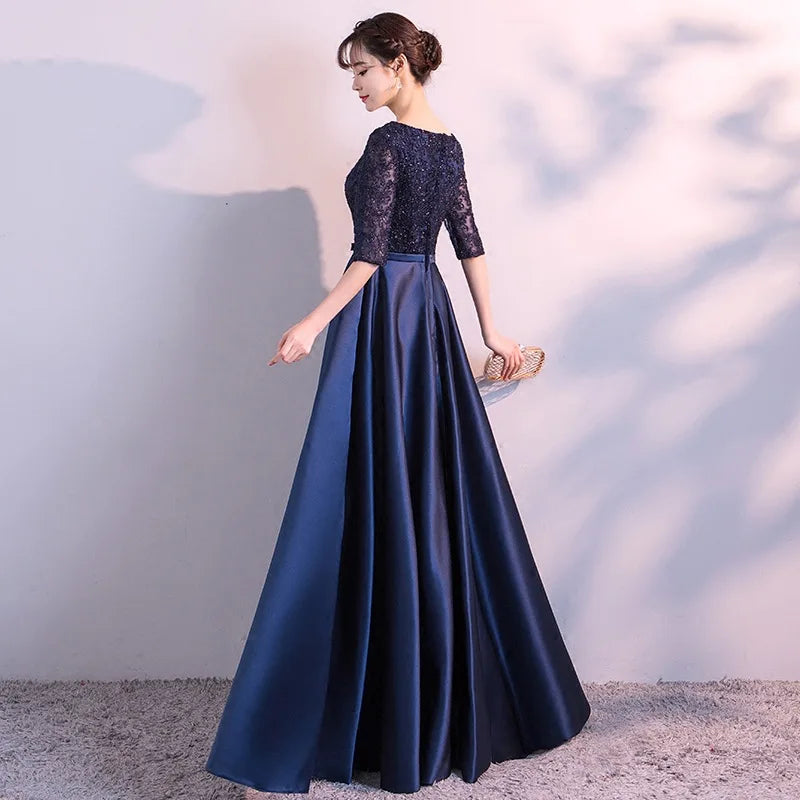 LONG FORMAL EVENING DRESSES ELEGANT LACE SATIN NAVY BLUE VESTIDOS