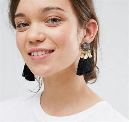 Ethnic Sector Bohemia Black Red Rope Fringe Tassel Earrings