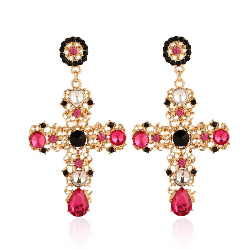 Vintage Black Pink Crystal Cross Drop Earrings for Women
