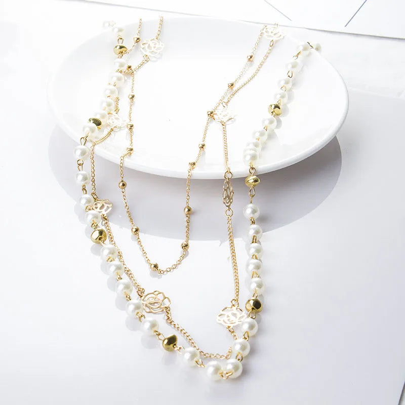 Long Double Layer Simulated Pearl Necklace For Women