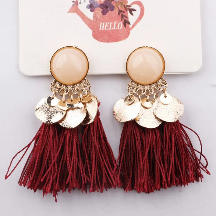 Ethnic Sector Bohemia Black Red Rope Fringe Tassel Earrings