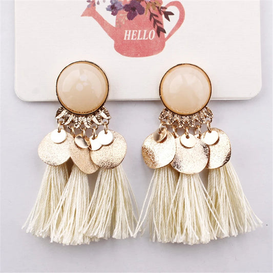 Ethnic Sector Bohemia Black Red Rope Fringe Tassel Earrings