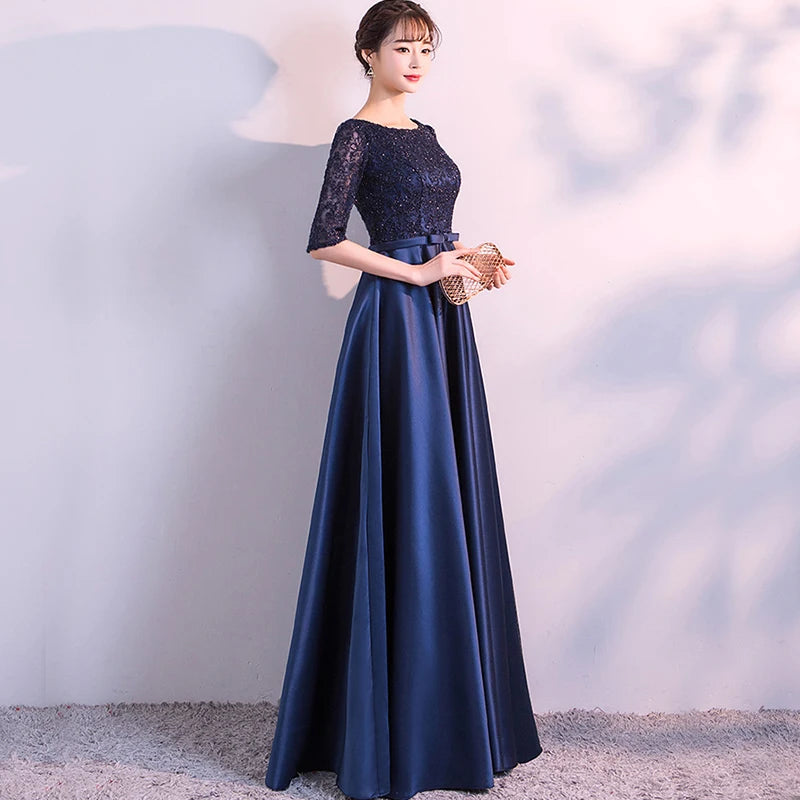 LONG FORMAL EVENING DRESSES ELEGANT LACE SATIN NAVY BLUE VESTIDOS