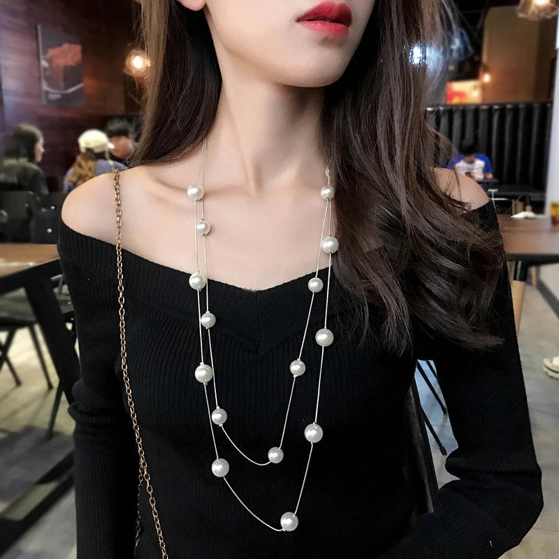 Long Double Layer Simulated Pearl Necklace For Women