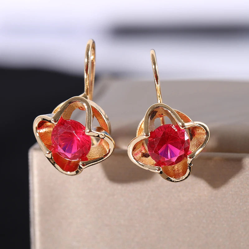 Vintage Gold Color Red Crystal Zircon Ear Earrings For Women