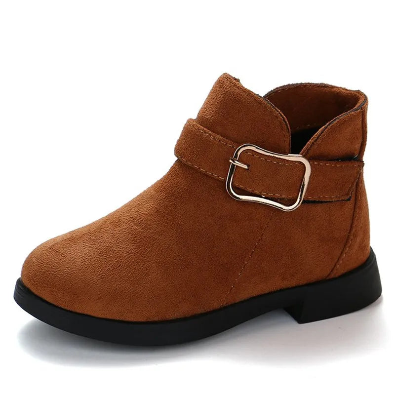 2022 Winter Girls Winter Boots Classic Buckle Kids Ankle Boots Children Tide Boots Flock With Rubber Sole Short Soft Fashion
