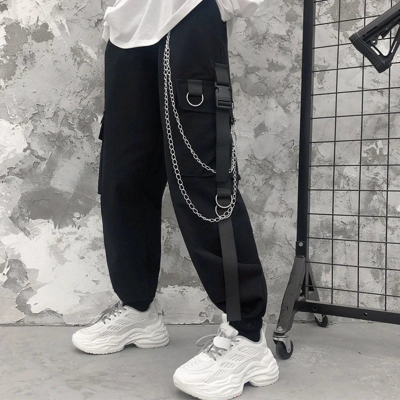 Women Cargo Harem Pants Side Pockets Black White Hip Hop Casual Pants