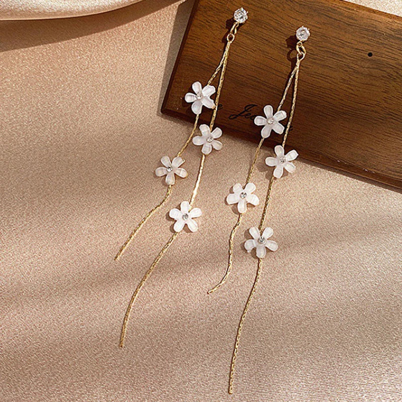 Women Resin Flower Rhinestone Tassel Long Earrings