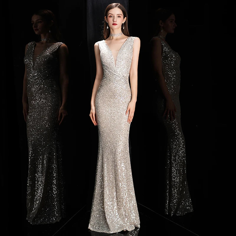 Elegant V Neck Sequin Evening Dress Long Mermaid Formal Dress