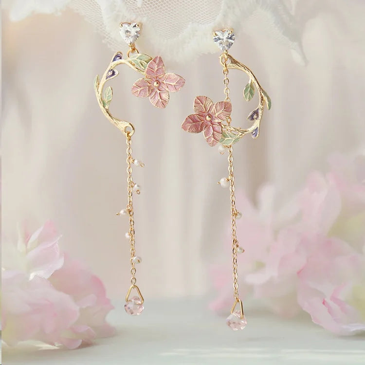 Classic Wine Red Flowers Tassel Earrings For Women