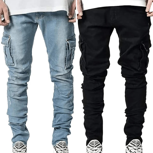 Men's Elastic Skinny Cargo Pants Jeans Men Solid Color Multi Pockets