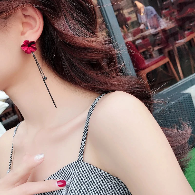 Classic Wine Red Flowers Tassel Earrings For Women